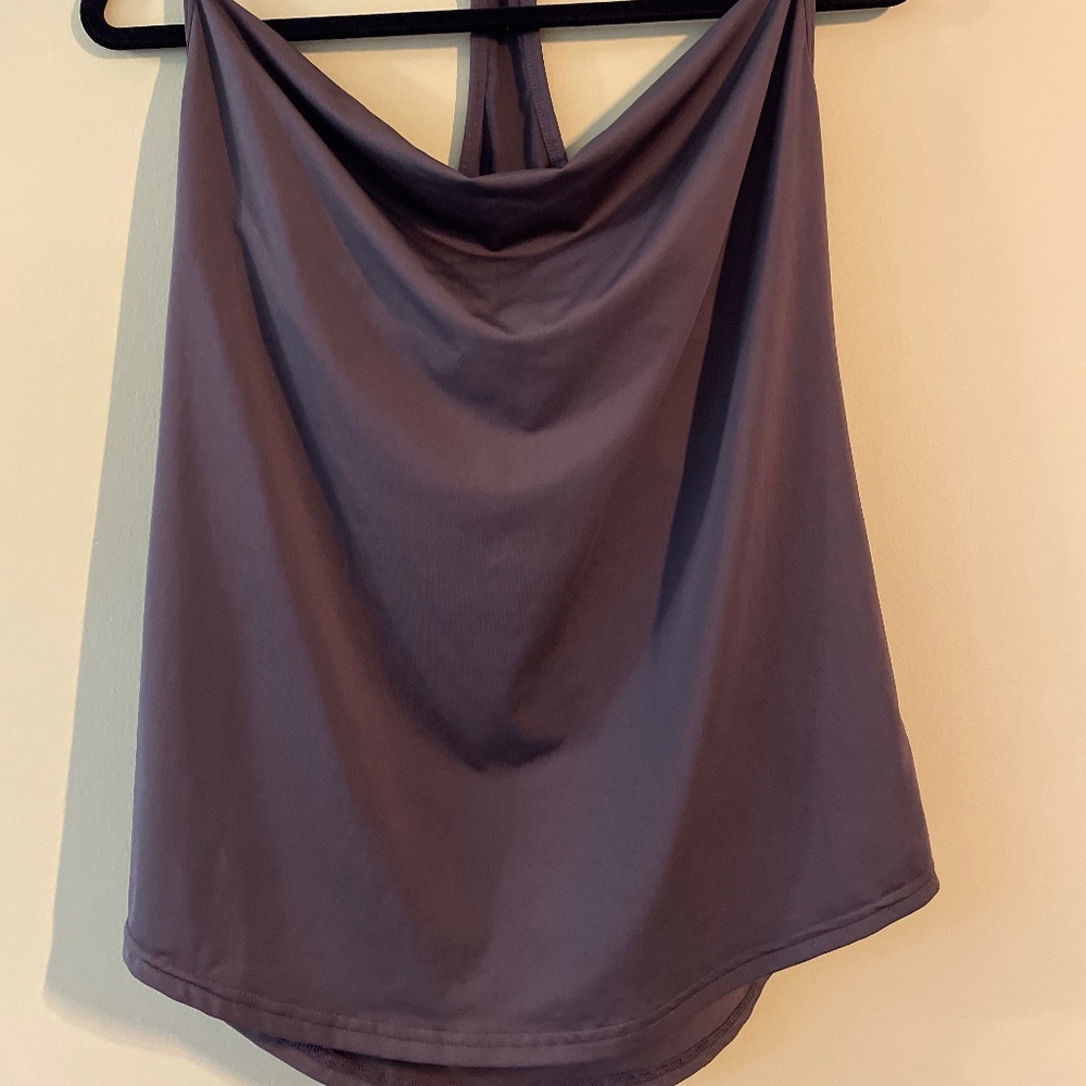 Scoop neck, racer back tank top. Forest green.